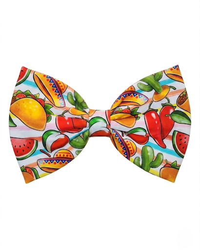 Colorful bow tie with fruit and vegetable pattern on a white background